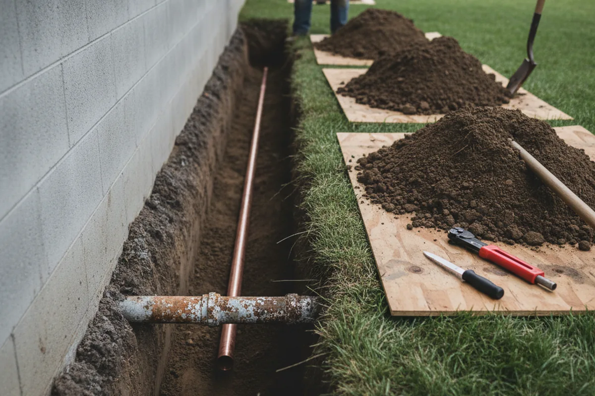 Excavated water line trench during Water Softener Installation in Alverton